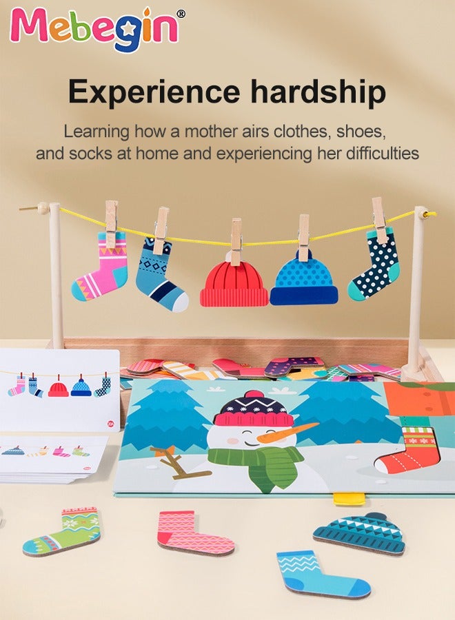 Funny Sock Drying Game, Sock Pairing Toy Set, Wooden Pairing Socks Puzzle with Storage Box and 20 Cards, No Need for Cropping, Educational Memory and Observation Game for Children, Interactive Family Game