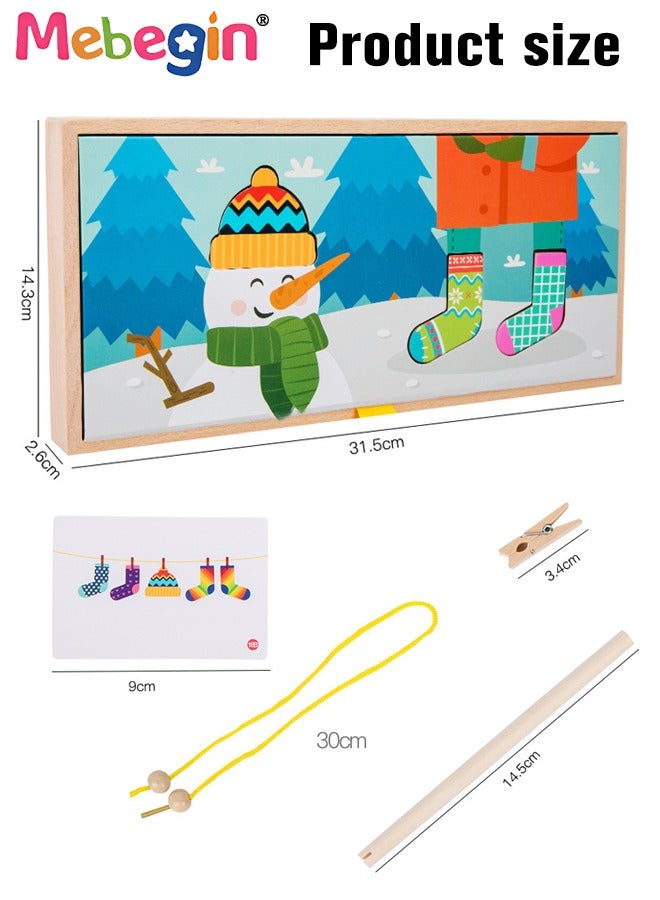 Funny Sock Drying Game, Sock Pairing Toy Set, Wooden Pairing Socks Puzzle with Storage Box and 20 Cards, No Need for Cropping, Educational Memory and Observation Game for Children, Interactive Family Game