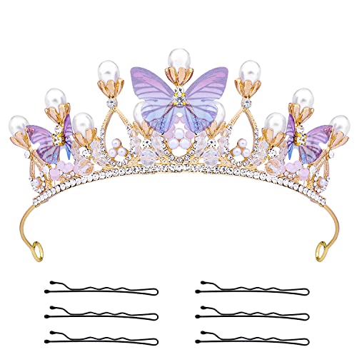 KINBOM Butterfly Crown for Girls Princess Purple Crown Exquisite Princess Tiara with Pearls Butterfly Headband for Halloween Christmas Birthday Cosplay Costumes - Image 1
