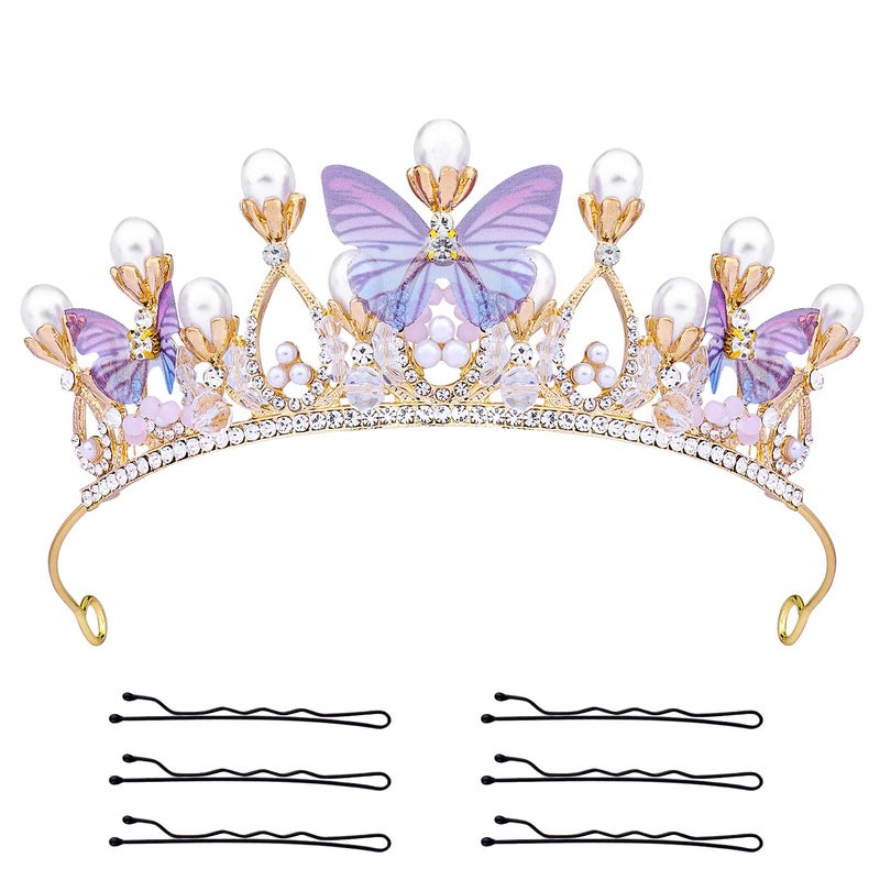 KINBOM Butterfly Crown for Girls Princess Purple Crown Exquisite Princess Tiara with Pearls Butterfly Headband for Halloween Christmas Birthday Cosplay Costumes - Image 2