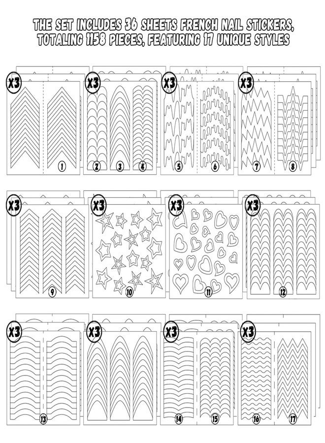 Snmzlc 36 Sheets 1158 Pieces French Tip Nail Guides 17 Styles Nail Design Stickers Self-Adhesive Nail White DIY Decoration Nail Stencils US186 - Image 2