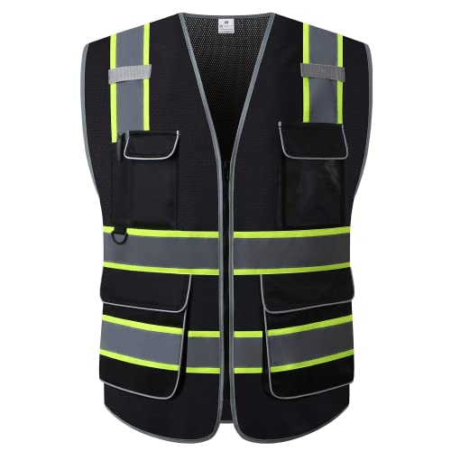 LOHASPRO High Visibility Vest for Men Reflective Safety Vest with Pockets Class 2 Construction Work Vest Zipper Front Black Safety Vest Meets ANSIISEA StandardsXLarge Black 02