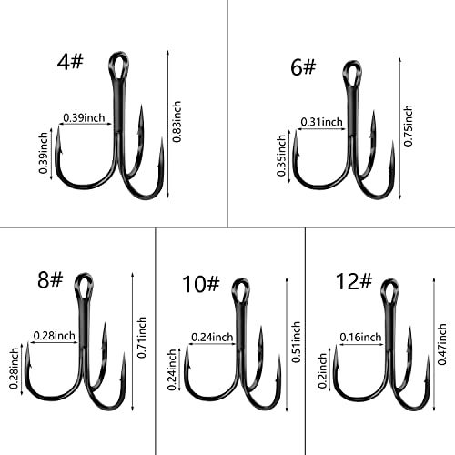 Shaddock Fishing Fishing Treble Hooks Assortment, Sharp Brabed Triple Fishing Hooks Set High Carbon Steel Round Bend for Trout Catfish Lures Freshwater Saltwater, Assorted Size 4 6 8 10 12, 150pcs, Black - Image 3
