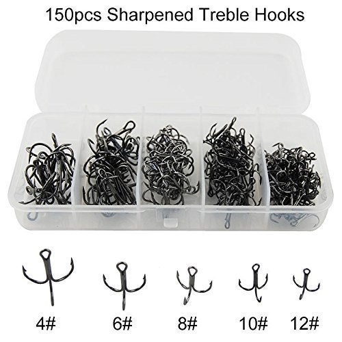 Shaddock Fishing Fishing Treble Hooks Assortment, Sharp Brabed Triple Fishing Hooks Set High Carbon Steel Round Bend for Trout Catfish Lures Freshwater Saltwater, Assorted Size 4 6 8 10 12, 150pcs, Black - Image 4