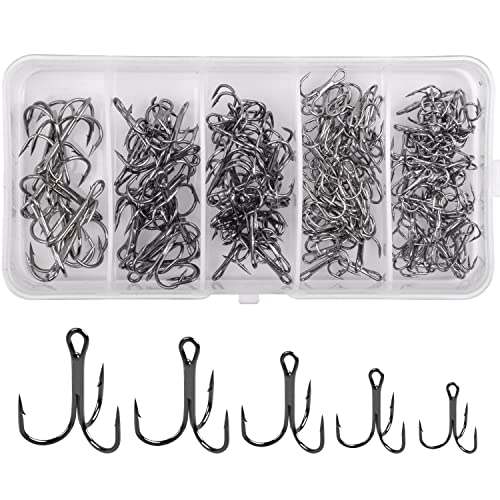 Shaddock Fishing Fishing Treble Hooks Assortment, Sharp Brabed Triple Fishing Hooks Set High Carbon Steel Round Bend for Trout Catfish Lures Freshwater Saltwater, Assorted Size 4 6 8 10 12, 150pcs, Black - Image 1