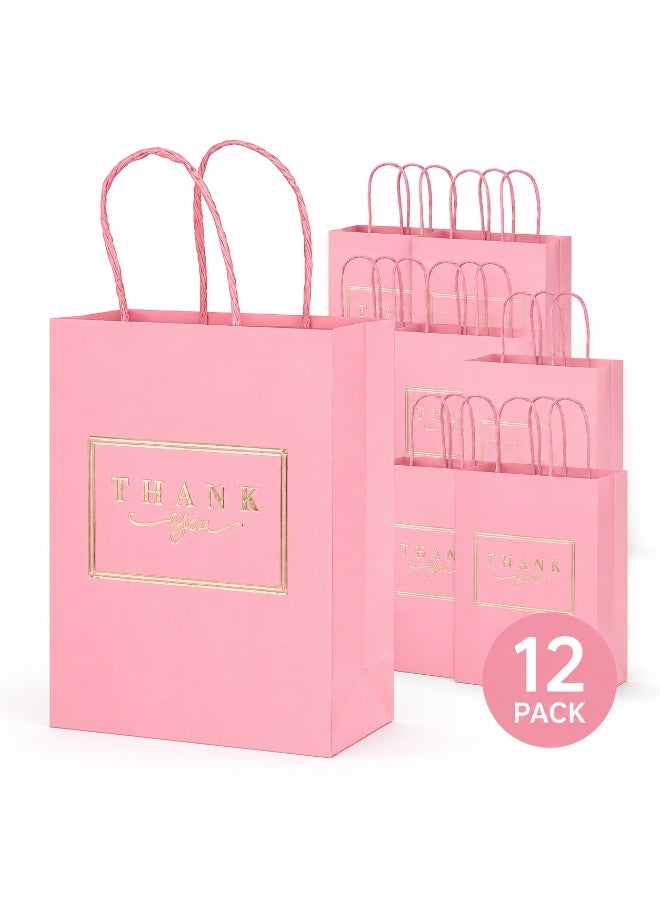 12 Pcs Gold Foil Thank You Printed Pink Kraft Paper Gift Bags with Twisted Paper Handles for Ramadan, Eid, Wedding, Birthday Party and Daily Gift Giving 21x15x8cm - Image 1