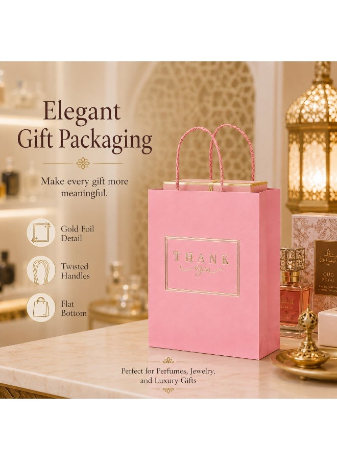 12 Pcs Gold Foil Thank You Printed Pink Kraft Paper Gift Bags with Twisted Paper Handles for Ramadan, Eid, Wedding, Birthday Party and Daily Gift Giving 21x15x8cm - Image 4