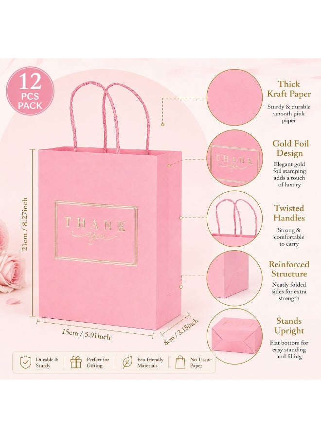 12 Pcs Gold Foil Thank You Printed Pink Kraft Paper Gift Bags with Twisted Paper Handles for Ramadan, Eid, Wedding, Birthday Party and Daily Gift Giving 21x15x8cm - Image 5