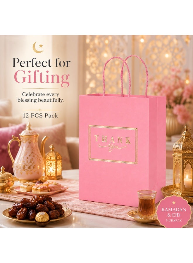 12 Pcs Gold Foil Thank You Printed Pink Kraft Paper Gift Bags with Twisted Paper Handles for Ramadan, Eid, Wedding, Birthday Party and Daily Gift Giving 21x15x8cm - Image 3