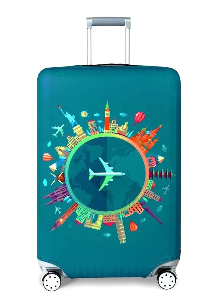 KASTWAVE Travel Luggage Cover, Spandex Elastic Stretch Fabric, Cover for Suitcase Luggage Protector Premium Elasticated, Washable Luggage Trolley Case, For 26-28 Inch Luggage (L, Green-Plane) - Image 2