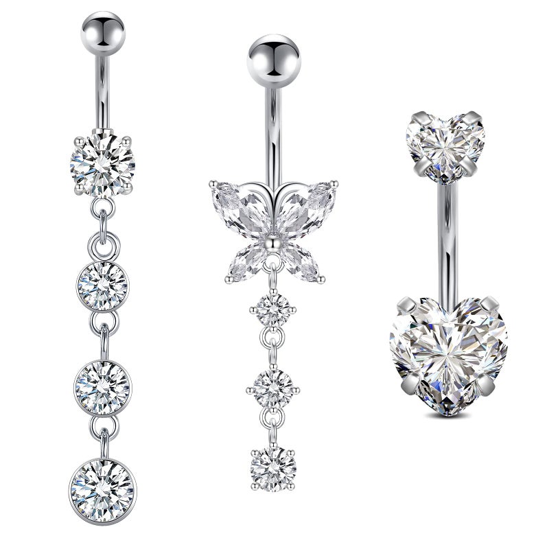 D.Bella 14G Surgical Steel Belly Rings (3pc), Silver CZ Butterfly Dangle Belly Button Piercing Jewelry, Heart Diamond Design for Women - Image 1