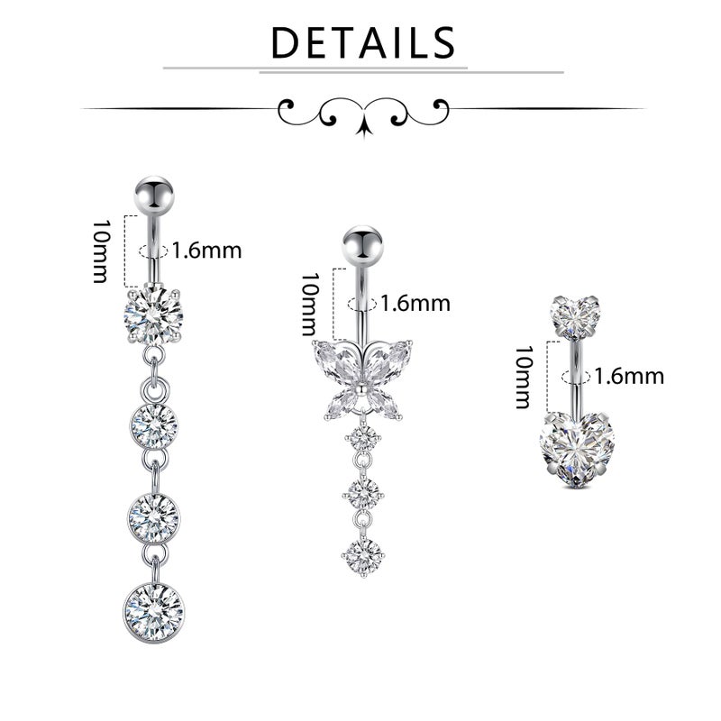 D.Bella 14G Surgical Steel Belly Rings (3pc), Silver CZ Butterfly Dangle Belly Button Piercing Jewelry, Heart Diamond Design for Women - Image 3