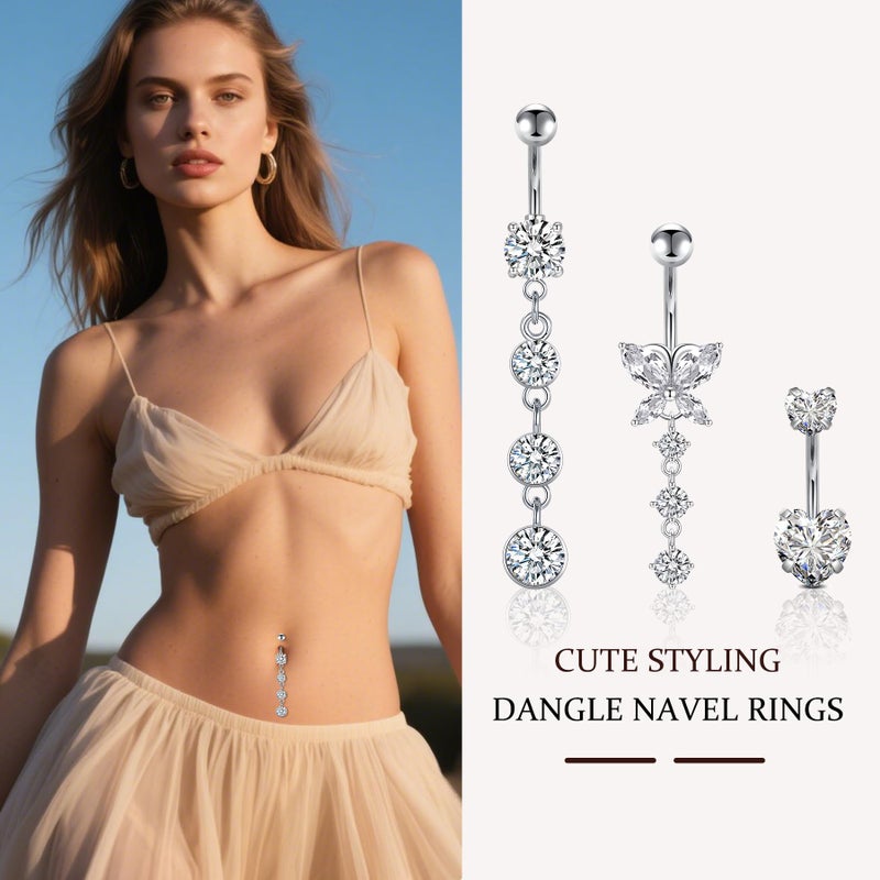 D.Bella 14G Surgical Steel Belly Rings (3pc), Silver CZ Butterfly Dangle Belly Button Piercing Jewelry, Heart Diamond Design for Women - Image 5