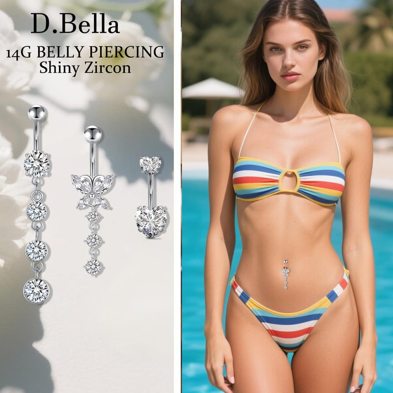 D.Bella 14G Surgical Steel Belly Rings (3pc), Silver CZ Butterfly Dangle Belly Button Piercing Jewelry, Heart Diamond Design for Women - Image 4