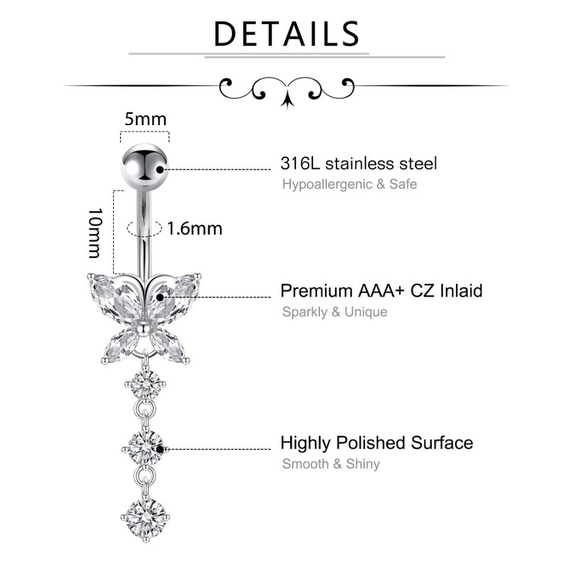 D.Bella 14G Surgical Steel Belly Rings (3pc), Silver CZ Butterfly Dangle Belly Button Piercing Jewelry, Heart Diamond Design for Women - Image 2