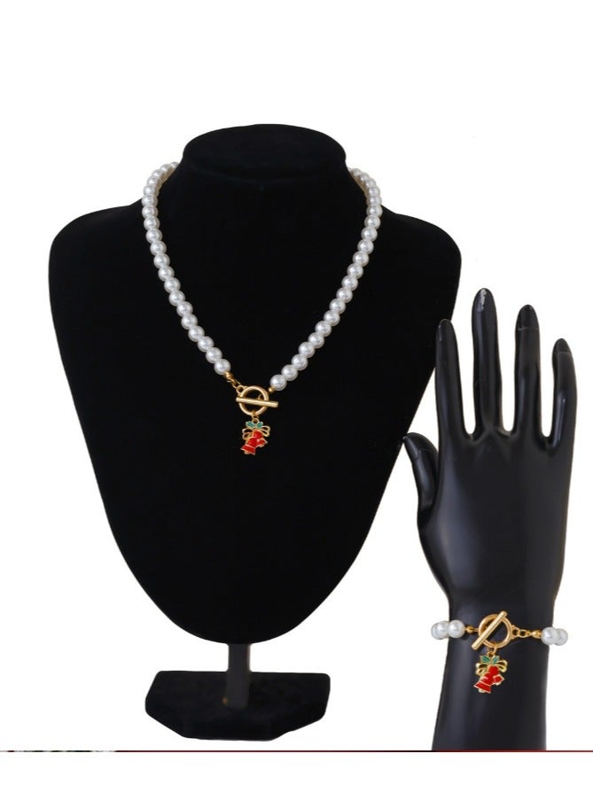 OASIS-TH Imitated Pearl Design Elegant  Pearl Necklace And Pearl Bracelet with Christmas Bell Design Christmas Gift Set - Image 3