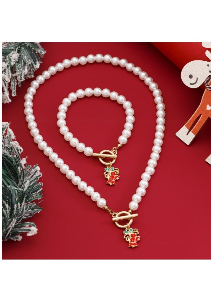OASIS-TH Imitated Pearl Design Elegant  Pearl Necklace And Pearl Bracelet with Christmas Bell Design Christmas Gift Set - Image 4