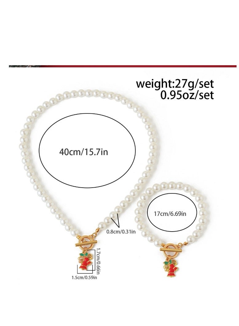 OASIS-TH Imitated Pearl Design Elegant  Pearl Necklace And Pearl Bracelet with Christmas Bell Design Christmas Gift Set - Image 5