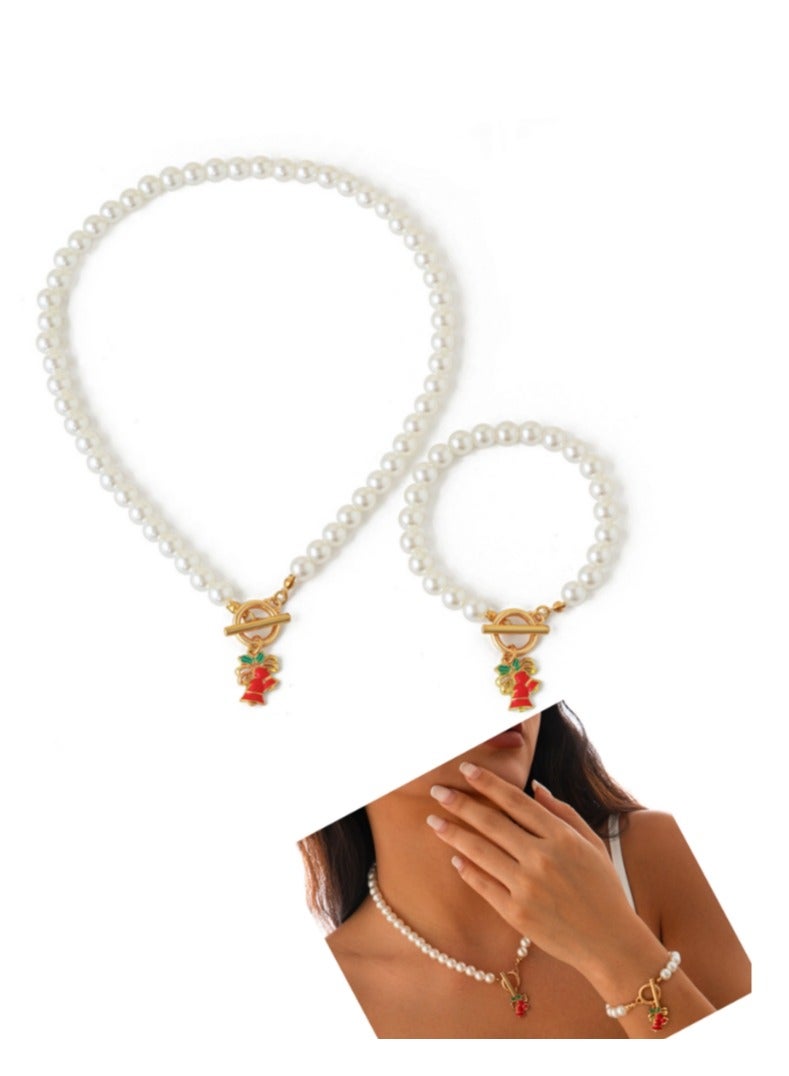 OASIS-TH Imitated Pearl Design Elegant  Pearl Necklace And Pearl Bracelet with Christmas Bell Design Christmas Gift Set - Image 1