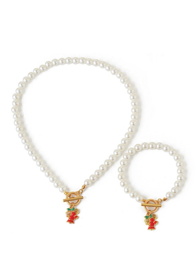 OASIS-TH Imitated Pearl Design Elegant  Pearl Necklace And Pearl Bracelet with Christmas Bell Design Christmas Gift Set - Image 2