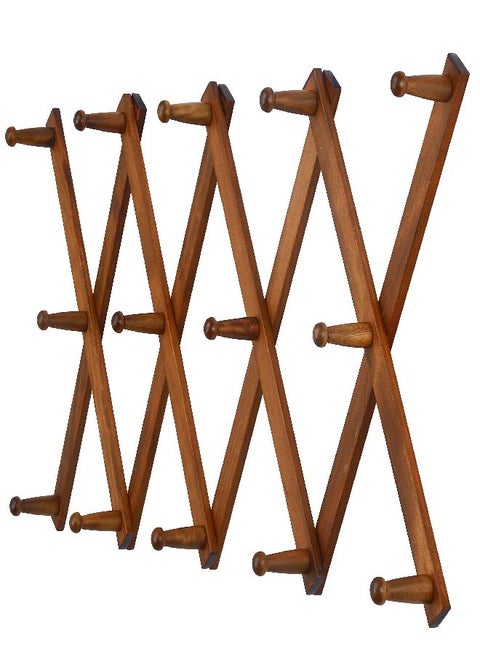 Dseap Accordian Wall Hanger: 16” High Wooden Wall Expandable Coat Rack, Hat Rack Holder, Accordion Hook for Baseball Caps, Coats, Mugs, 13 Peg Hooks, Brown