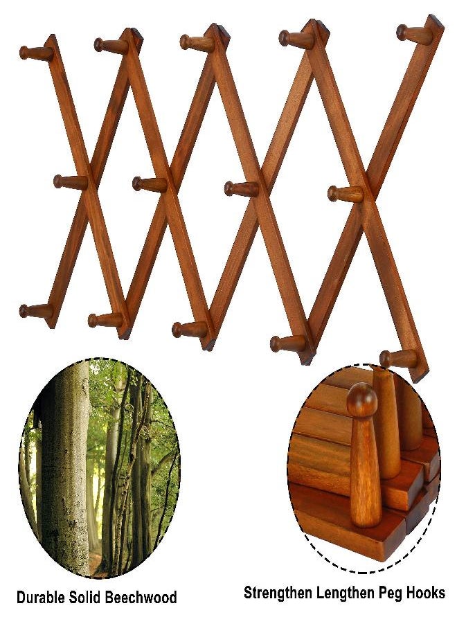 Dseap - Dseap Accordian Wall Hanger: 16” High Wooden Wall Expandable Coat Rack, Hat Rack Holder, Accordion Hook for Baseball Caps, Coats, Mugs, 13 Peg Hooks, Brown - Image 1