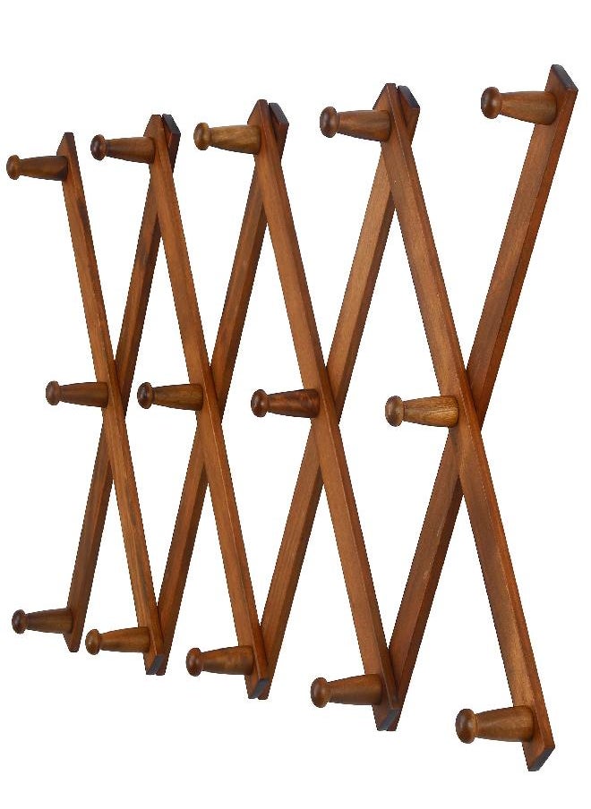 Dseap - Dseap Accordian Wall Hanger: 16” High Wooden Wall Expandable Coat Rack, Hat Rack Holder, Accordion Hook for Baseball Caps, Coats, Mugs, 13 Peg Hooks, Brown - Image 1