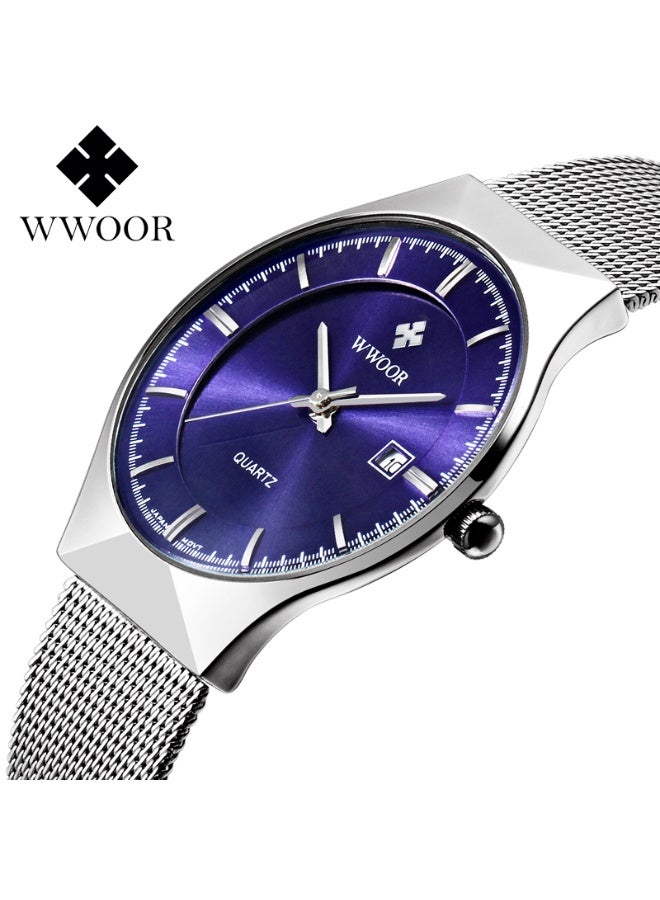 WWOOR Men's Fashion Casual Watches Auto Date Analog Watch Men Nice Work Watches Waterproof 30M Full Steel Quartz with Mesh Strap - Image 1
