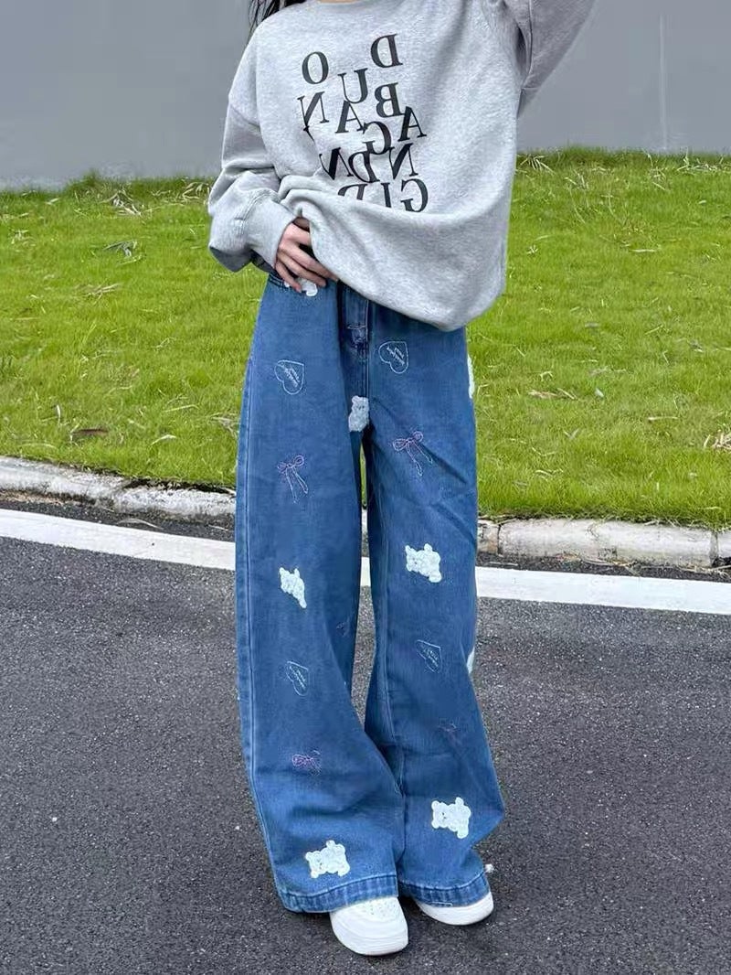 Cartoon Bear Embroidered Wide Leg Jeans Women'S High Waist Loose Slimming Straight Pants - Image 3