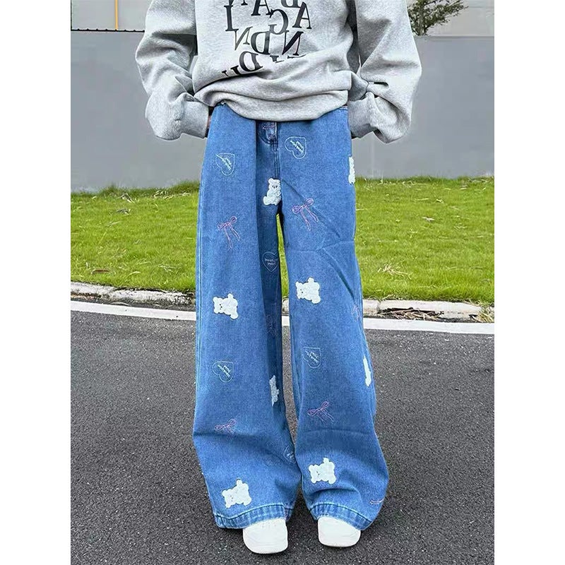 Cartoon Bear Embroidered Wide Leg Jeans Women'S High Waist Loose Slimming Straight Pants - Image 1
