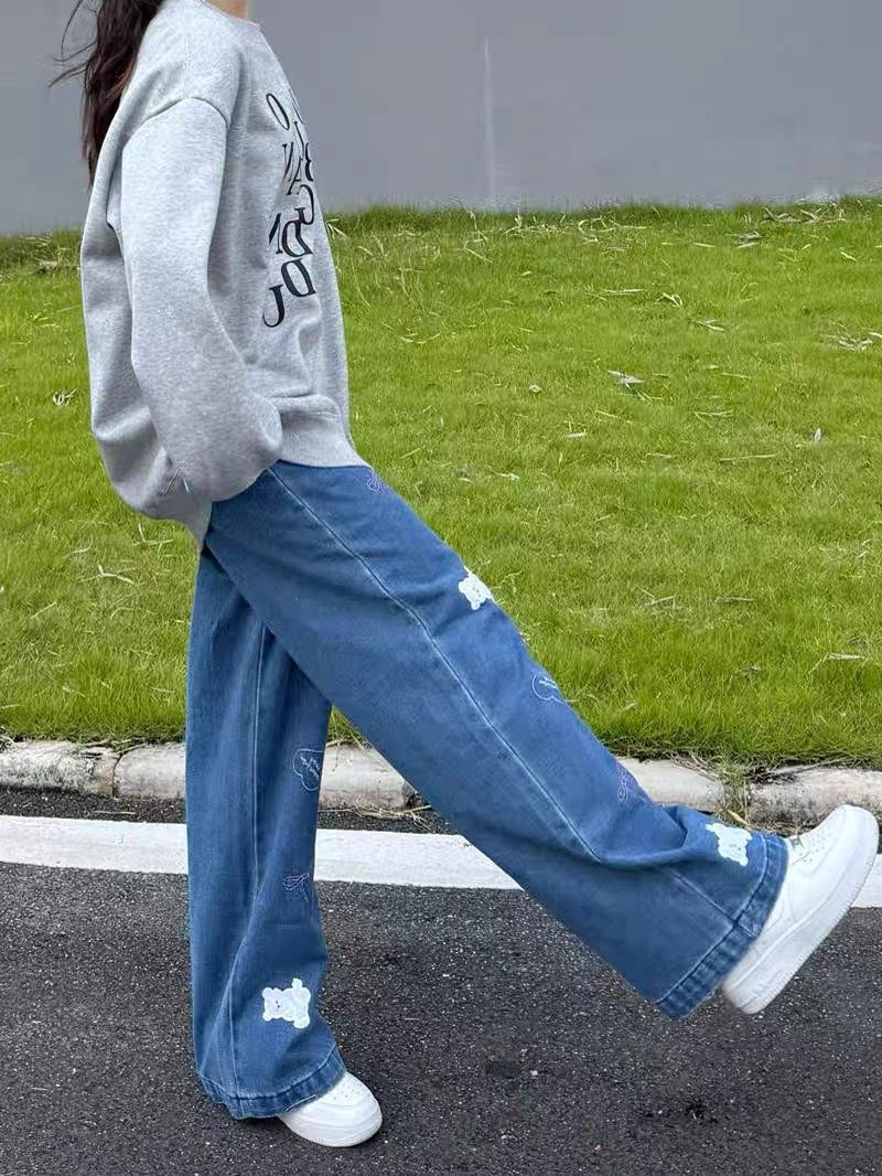 Cartoon Bear Embroidered Wide Leg Jeans Women'S High Waist Loose Slimming Straight Pants - Image 4