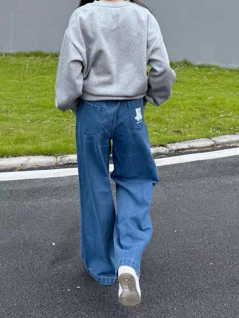 Cartoon Bear Embroidered Wide Leg Jeans Women'S High Waist Loose Slimming Straight Pants - Image 5