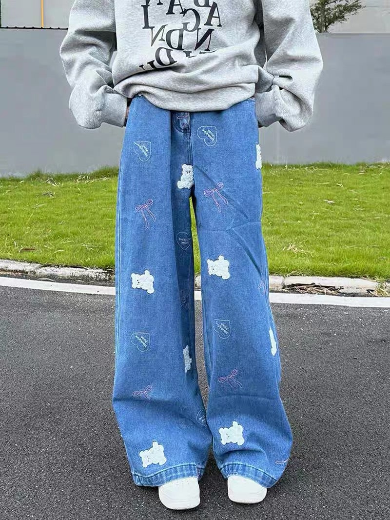 Cartoon Bear Embroidered Wide Leg Jeans Women'S High Waist Loose Slimming Straight Pants - Image 2