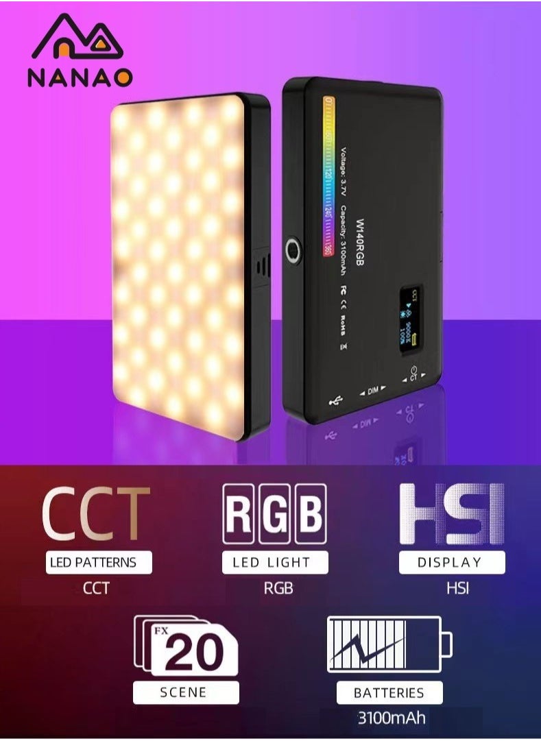 NANAO W140 RGB Video Light, Portable LED Camera Light Panel 0-360 Full Color, CRI95+ 2500K-9000K Dimmable 20 Lighting Effects, 3100mAH Rechargeable LED Lighting for Photography, Video Conference, TikTok  - Image 2