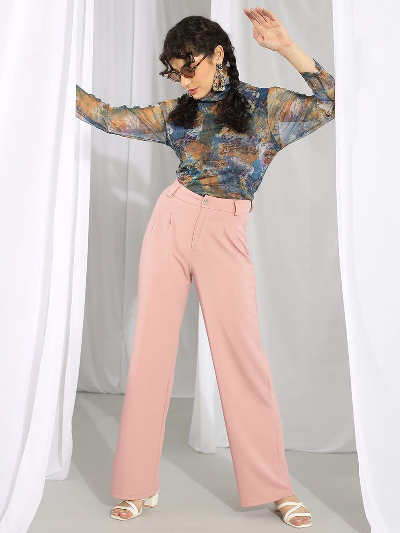 KOTTY Womens High Rise Viscose Rayon Straight Fit Solid Trousers Blush Pink - Image 3