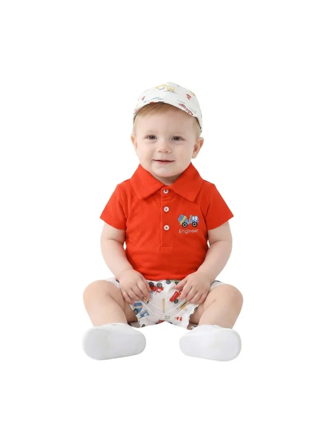 بامبيميسي Toddler Boy Cotton Red Bodysuit Set with Shorts & Hat – 3-Piece Outfit
