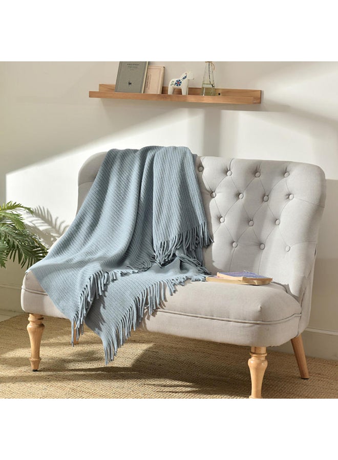 Loquat Tassel Design Supple Casual Knitted Blanket Polyester Sky Blue 125x150centimeter - Image 3