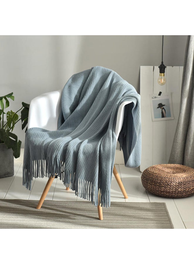 Loquat Tassel Design Supple Casual Knitted Blanket Polyester Sky Blue 125x150centimeter - Image 2