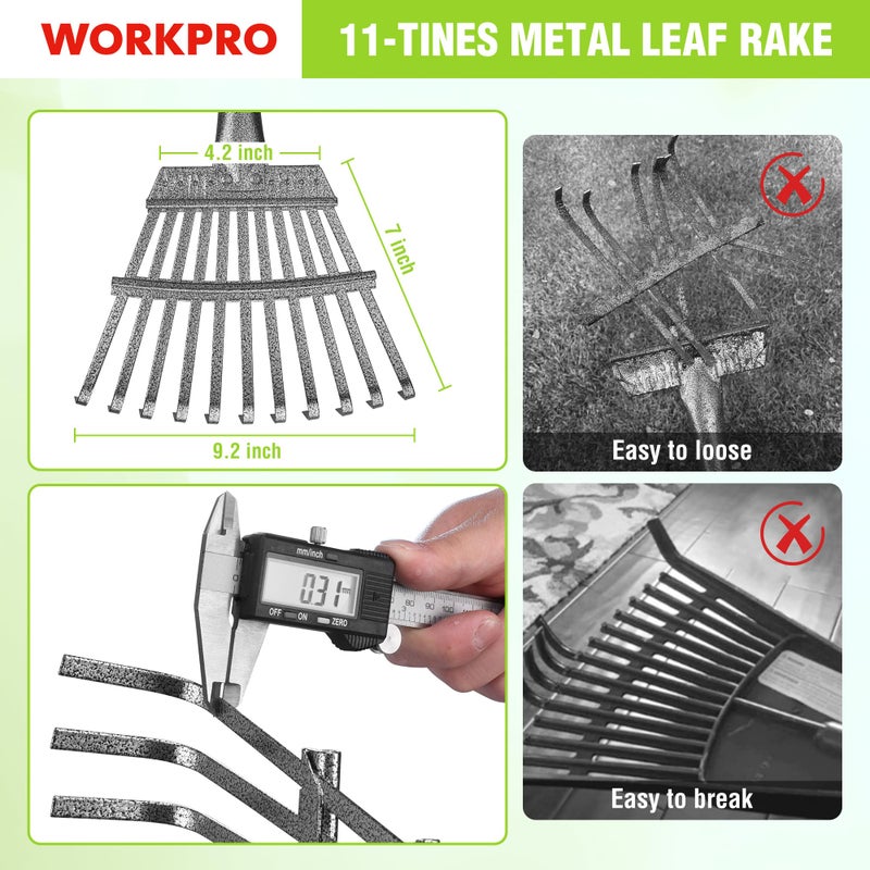 WORKPRO Rake, Small Rake for Leaves with 72â€ Adjustable Long Handle, 11 Steel Tines, Heavy Duty Metal Leaf Rakes for Garden, Lawn, Yard, Shrub, Flower Bed, Narrow Rakes 9" Wide Head for Tight Spaces - Image 4