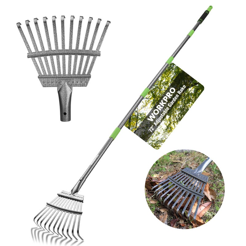 WORKPRO Rake, Small Rake for Leaves with 72â€ Adjustable Long Handle, 11 Steel Tines, Heavy Duty Metal Leaf Rakes for Garden, Lawn, Yard, Shrub, Flower Bed, Narrow Rakes 9" Wide Head for Tight Spaces - Image 1