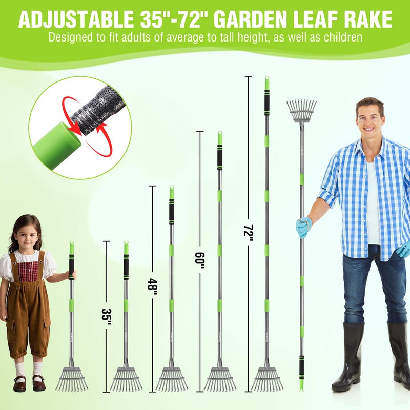 WORKPRO Rake, Small Rake for Leaves with 72â€ Adjustable Long Handle, 11 Steel Tines, Heavy Duty Metal Leaf Rakes for Garden, Lawn, Yard, Shrub, Flower Bed, Narrow Rakes 9" Wide Head for Tight Spaces - Image 3