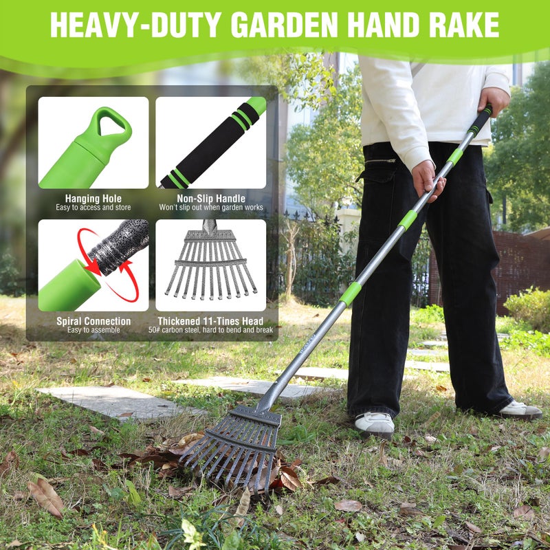WORKPRO Rake, Small Rake for Leaves with 72â€ Adjustable Long Handle, 11 Steel Tines, Heavy Duty Metal Leaf Rakes for Garden, Lawn, Yard, Shrub, Flower Bed, Narrow Rakes 9" Wide Head for Tight Spaces - Image 5