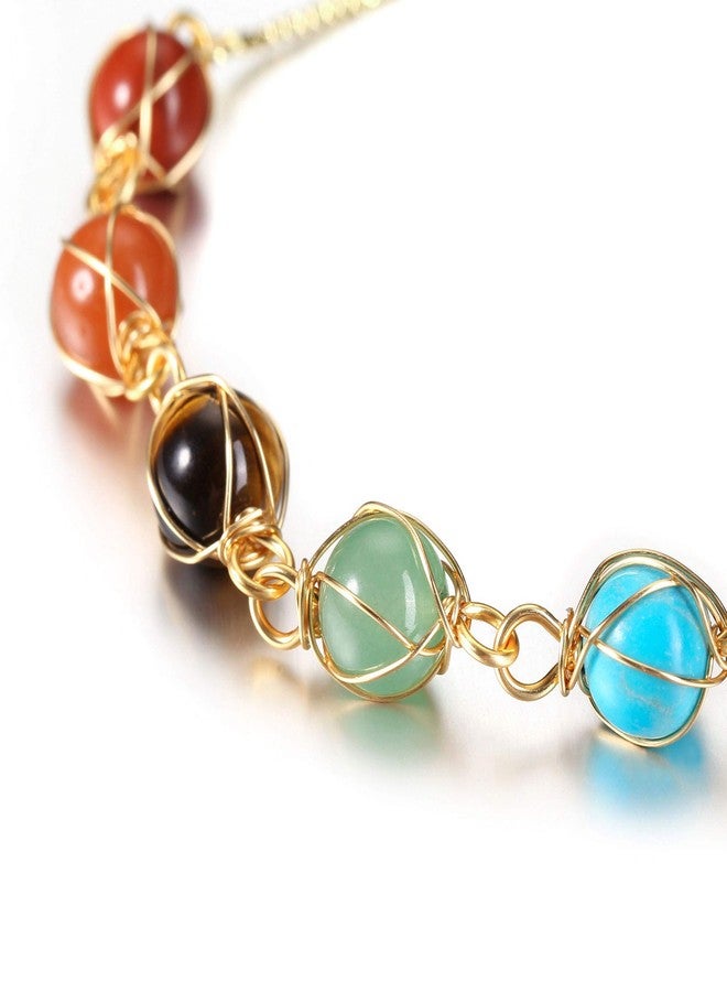Jovivi 7 Chakra Stones Bracelets for Women Adjustable 14K Gold Wire Wrapped 8mm Natural Round Gemstone Beads Reiki Healing Crystal Stretch Ankle Bracelet Yoga Energy Balancing - Image 3