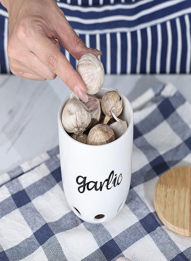HAOTOP Garlic Keeper for Counter, Ceramic Garlic Saver Container with Wood Lid, Garlic Holder for Kitchen, Garlic Keeper to Keep Your Garlic Cloves Fresh Longer, White - Image 3