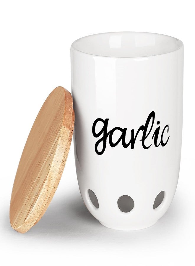 HAOTOP Garlic Keeper for Counter, Ceramic Garlic Saver Container with Wood Lid, Garlic Holder for Kitchen, Garlic Keeper to Keep Your Garlic Cloves Fresh Longer, White - Image 1
