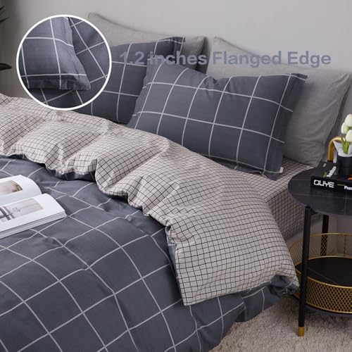 SAPHREAS Gray Plaid Geometric Duvet Cover Set King Size 3pcs Dark Grey Grid Cotton Bedding Comforter Cover Set 1 Duvet Cover 2 Pillow Shams - Image 3
