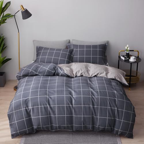 SAPHREAS Gray Plaid Geometric Duvet Cover Set King Size 3pcs Dark Grey Grid Cotton Bedding Comforter Cover Set 1 Duvet Cover 2 Pillow Shams - Image 1