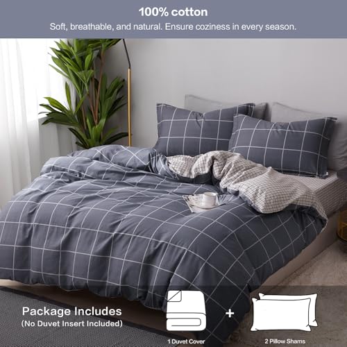 SAPHREAS Gray Plaid Geometric Duvet Cover Set King Size 3pcs Dark Grey Grid Cotton Bedding Comforter Cover Set 1 Duvet Cover 2 Pillow Shams - Image 2