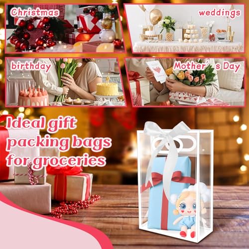 BadenBach 10 PCS Clear Gift Bags with Handles,7"x10"x3.2", Reusable Clear Party Favor Bags with Ribbon,Transparent Plastic Gift Bags for Bridal Party Baby Shower Wedding Mother's Day,White - Image 4