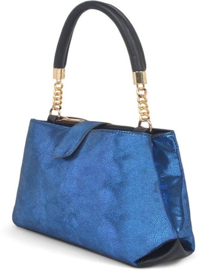 JAV Metallic Blue Textured Handbag for Women | Faux Leather Structured Satchel with Gold Chain Top Handle & Detachable Sling Strap - Image 5